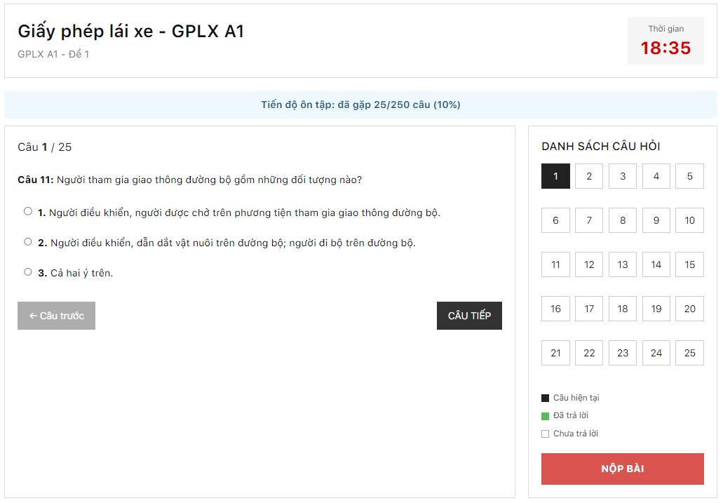Giao diện làm bài trắc nghiệm gplx m5snews